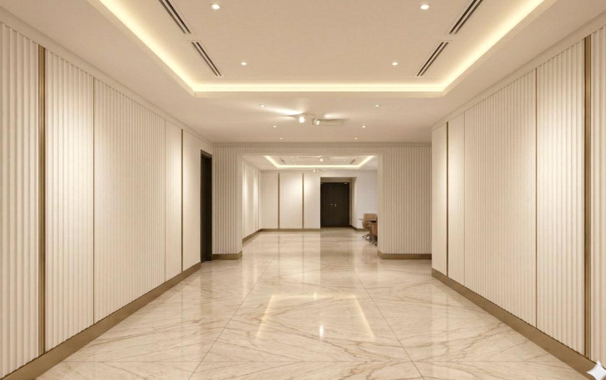 Arrival gallery corridor at Cappella Embassy with fluted walls, bronze trims and marble flooring — artist's impression