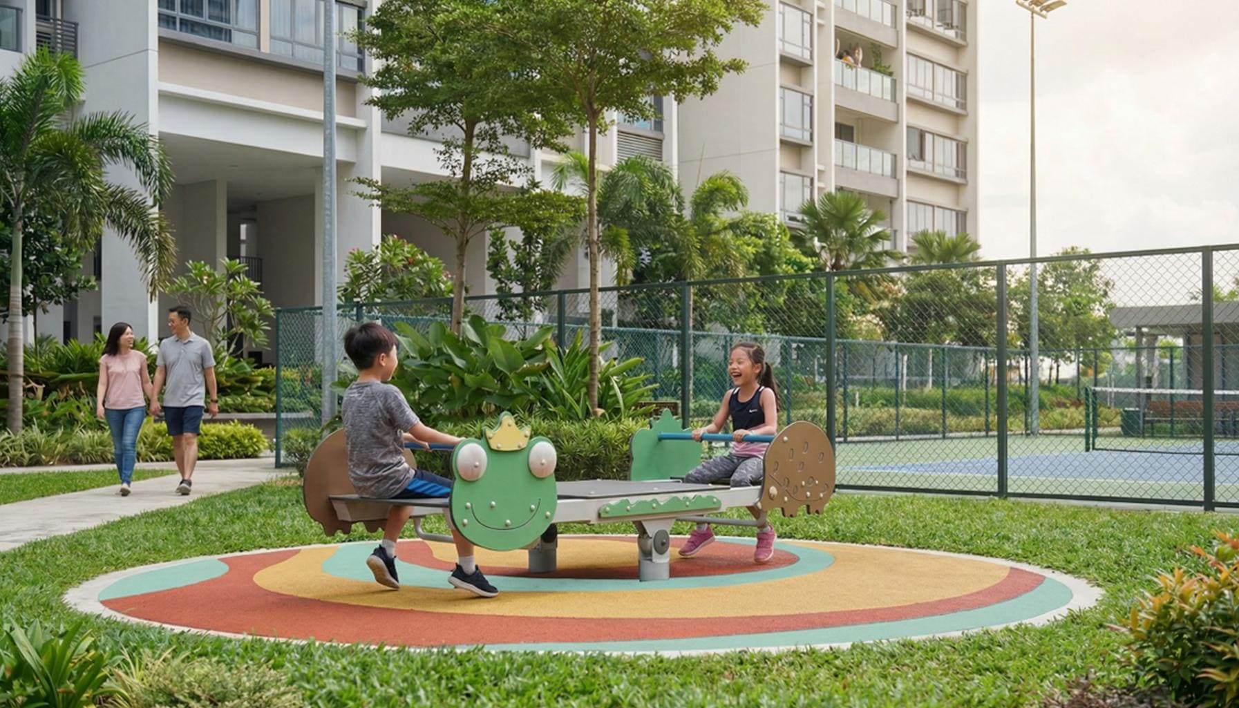 Children's playground and tennis court in the landscaped grounds at Cappella Embassy — artist's impression