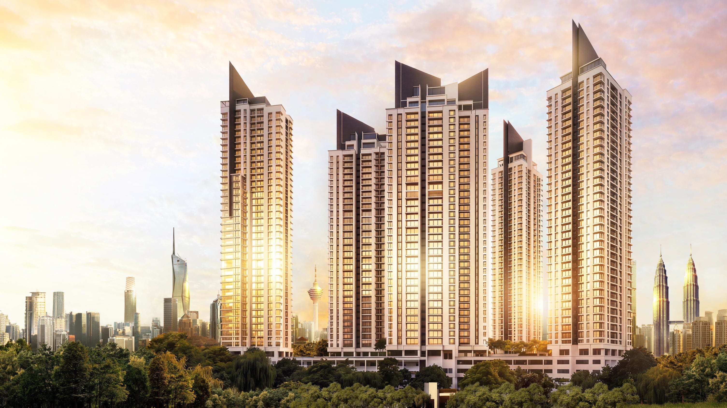 Cappella Embassy's five towers at golden hour above Embassy Row, Ampang Hilir, with the Kuala Lumpur skyline behind — artist's impression