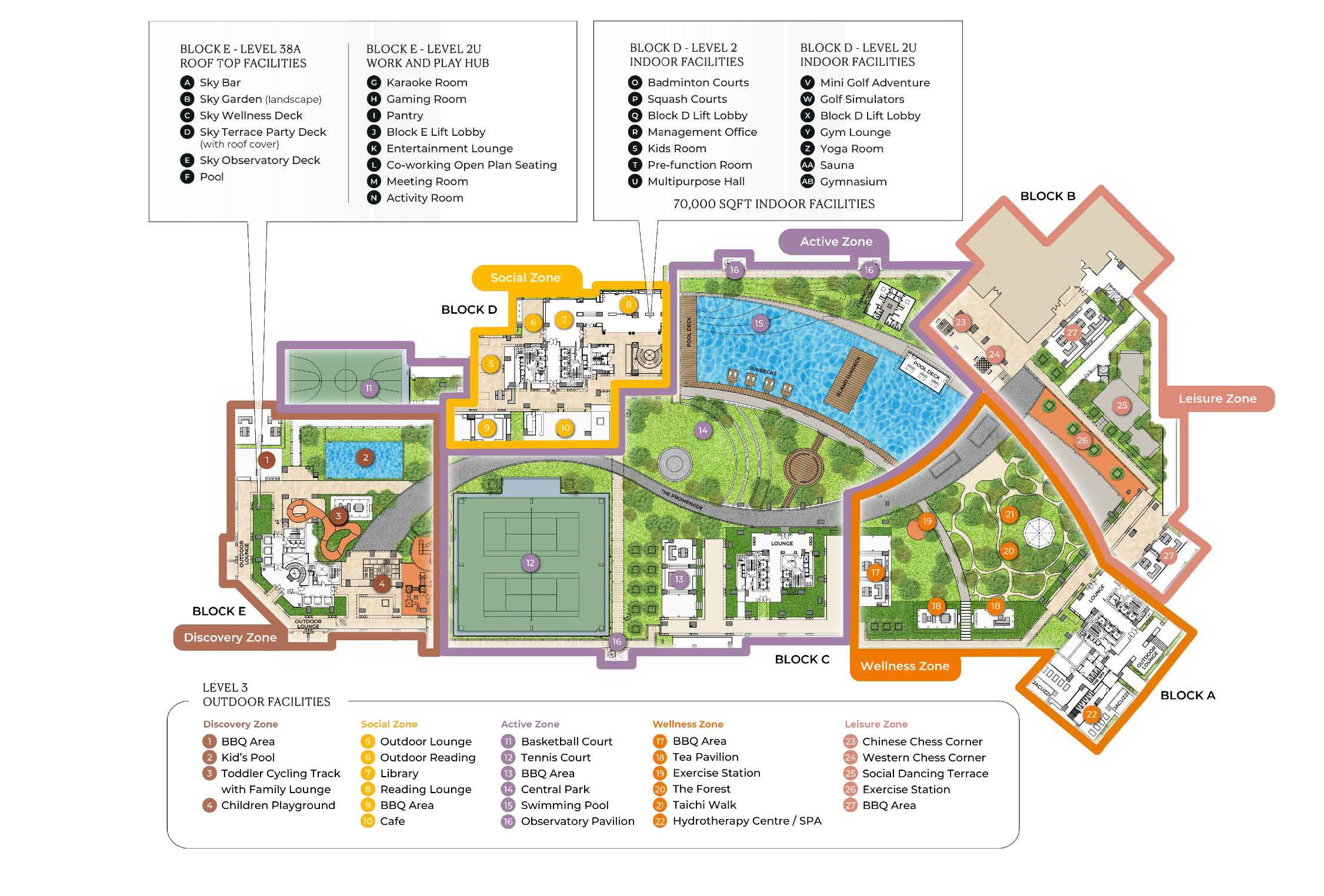 Site plan of the Level 3 outdoor facilities deck at Cappella Embassy, Ampang Hilir, with the five zones keyed