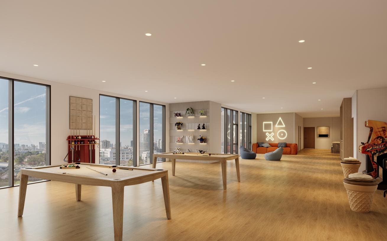 Gaming room at Cappella Embassy with pool tables, arcade machines and lounge seating — artist's impression