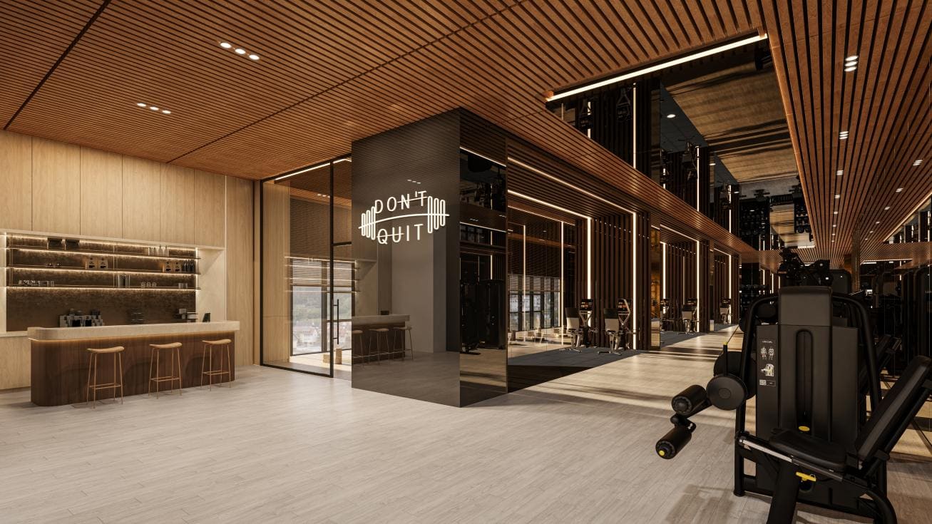 Residents gymnasium at Cappella Embassy with timber ceiling and juice bar — artist's impression