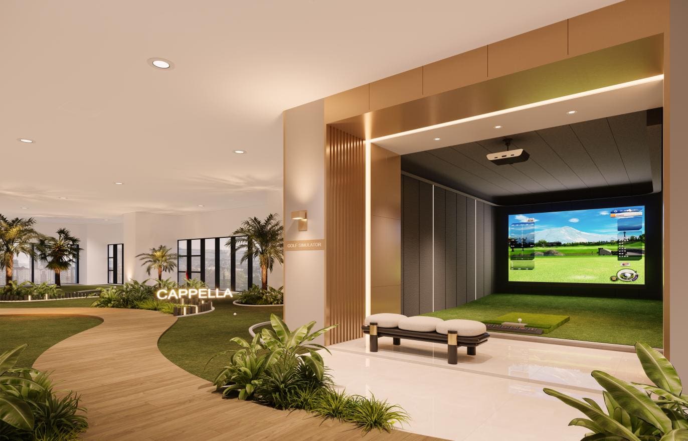 Golf simulator bay beside landscaped lettering at Cappella Embassy, Block D Level 2U — artist's impression