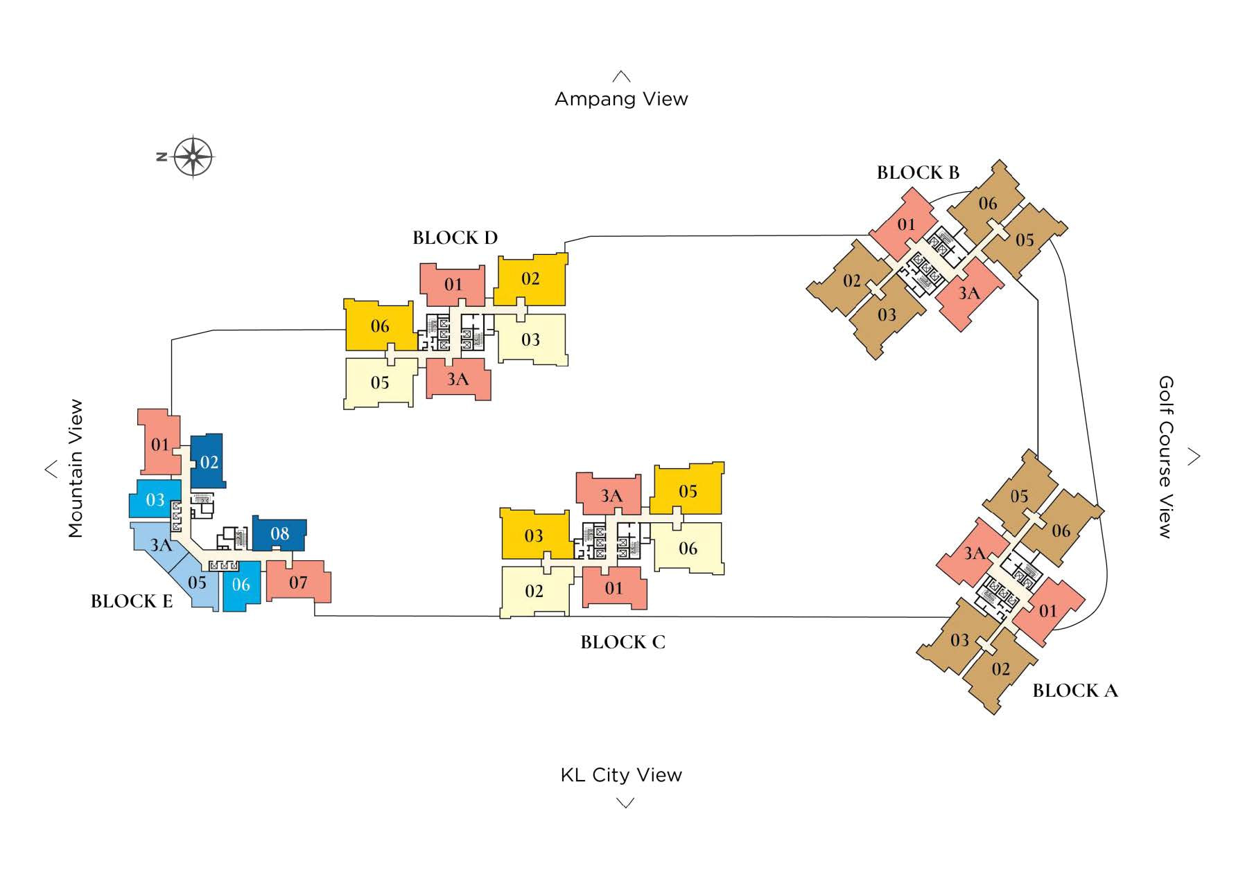 Key plan of Cappella Embassy Blocks A to E showing unit numbering and the outlook from each aspect