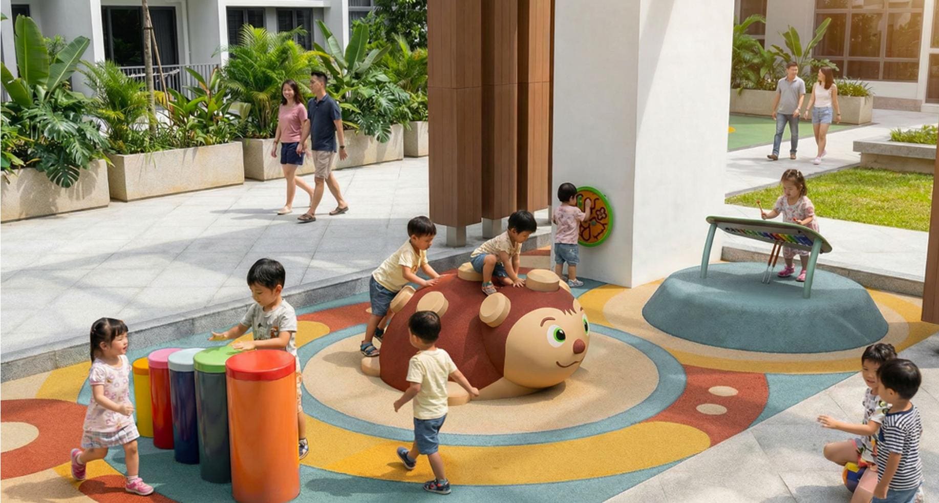 Children's play court with sculptural play equipment in the Level 3 gardens at Cappella Embassy — artist's impression