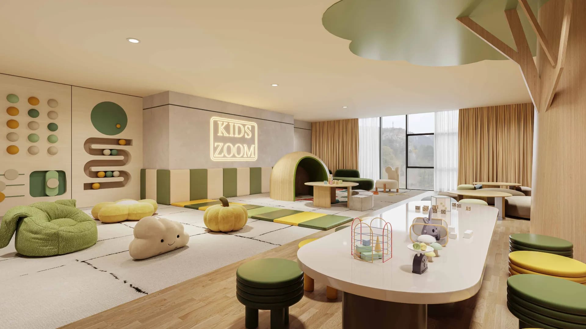 Indoor children's room at Cappella Embassy with soft play forms and a craft table — artist's impression