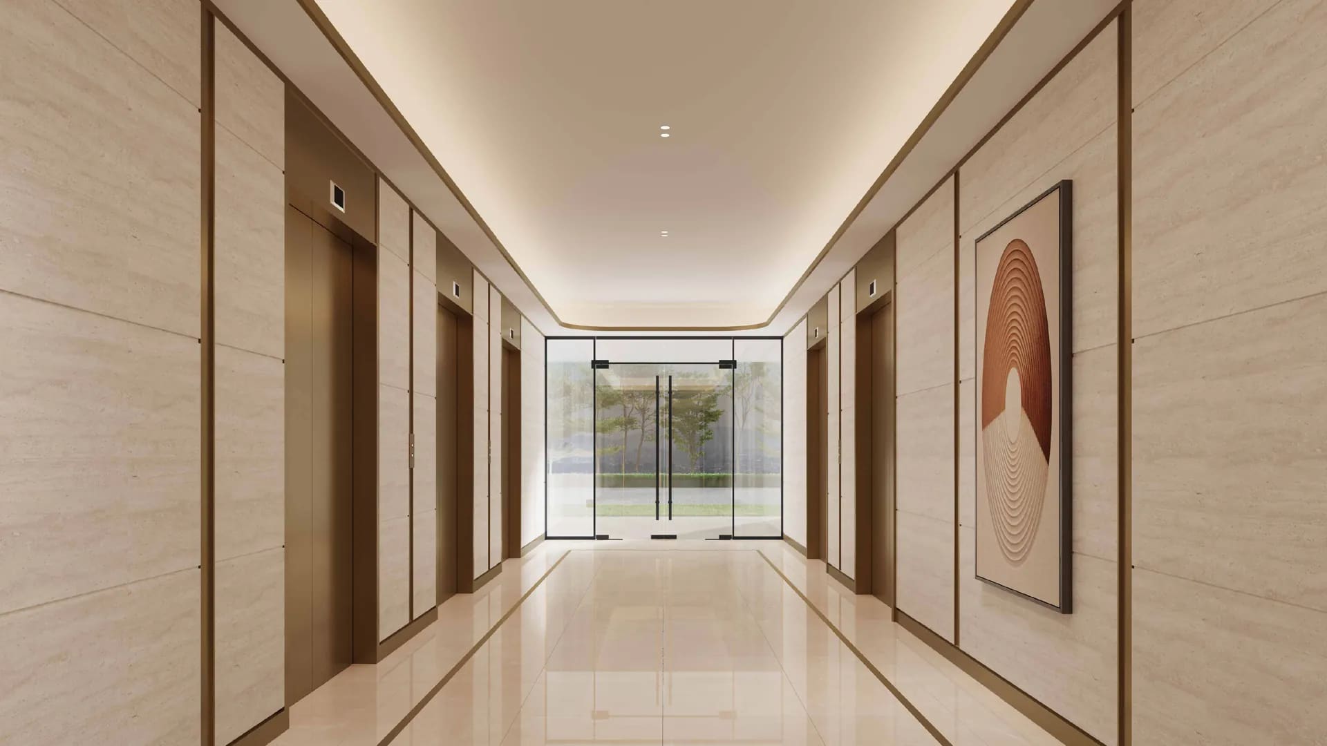 Residential lift lobby at Cappella Embassy, stone floor and full-height timber panelling — artist's impression