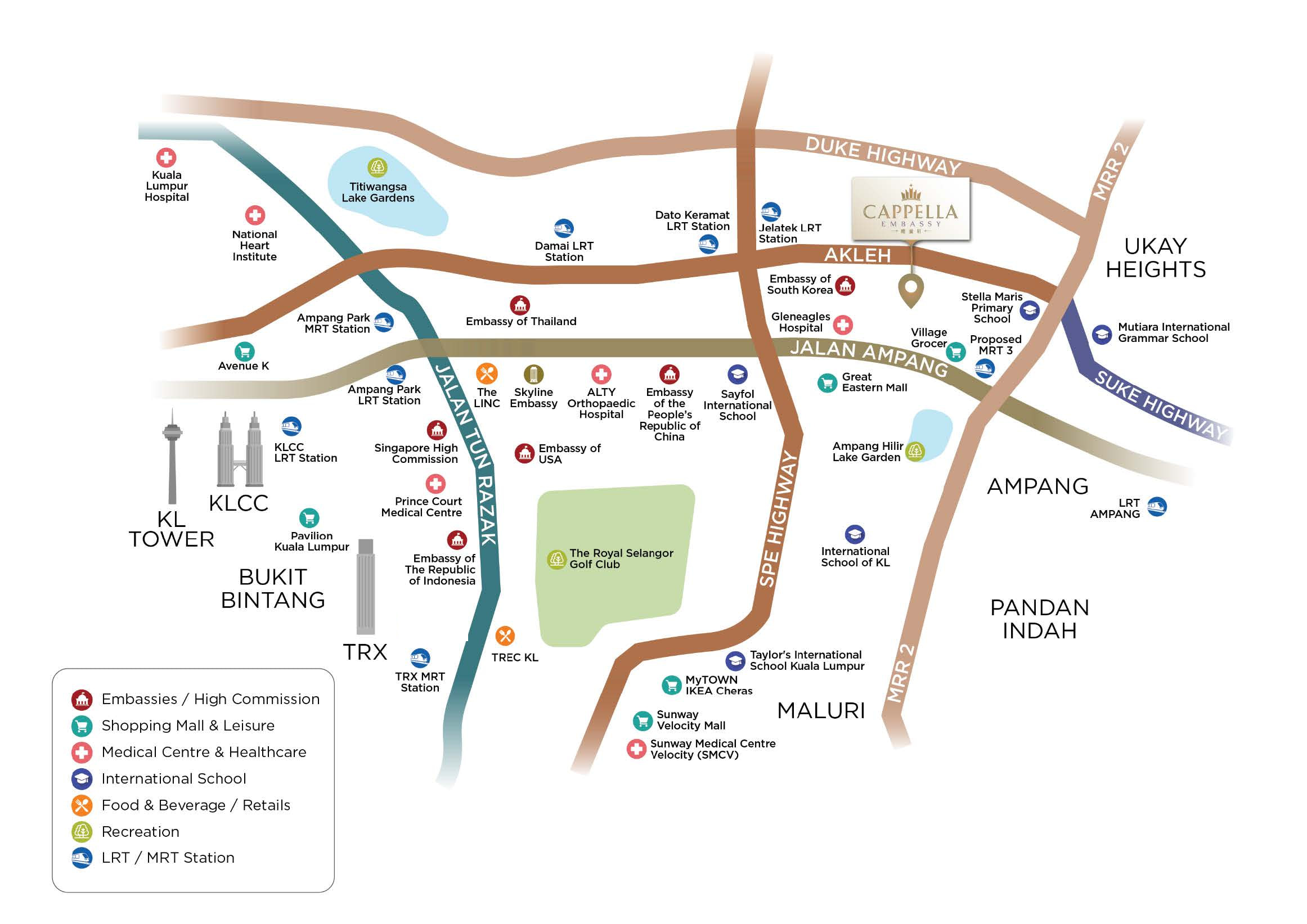 Location map of Cappella Embassy on Jalan Nipah, Ampang Hilir, showing embassies, hospitals, schools, malls and highway access