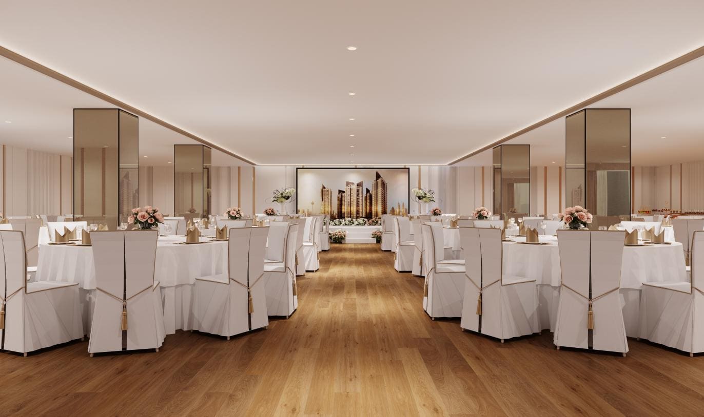 Multipurpose hall at Cappella Embassy set with round banquet tables, Block D Level 2 — artist's impression