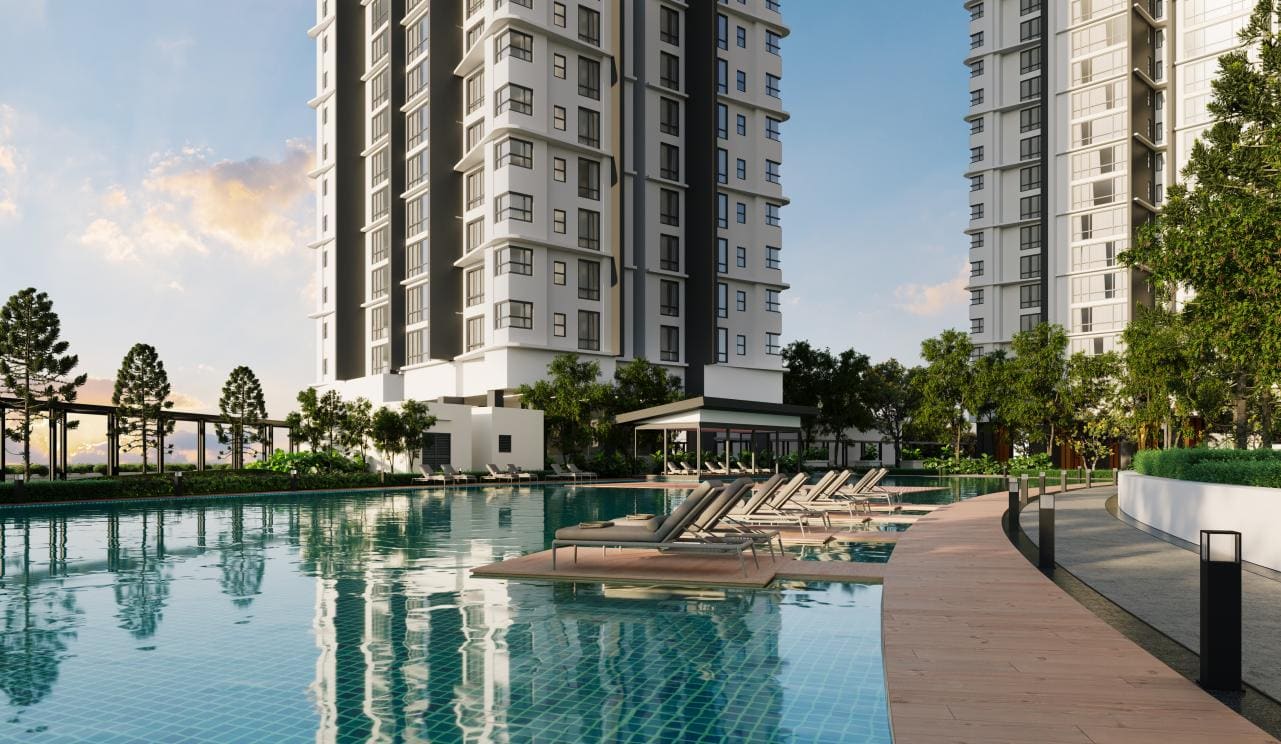Pool edge with sun loungers and the towers behind at Cappella Embassy, Ampang Hilir — artist's impression