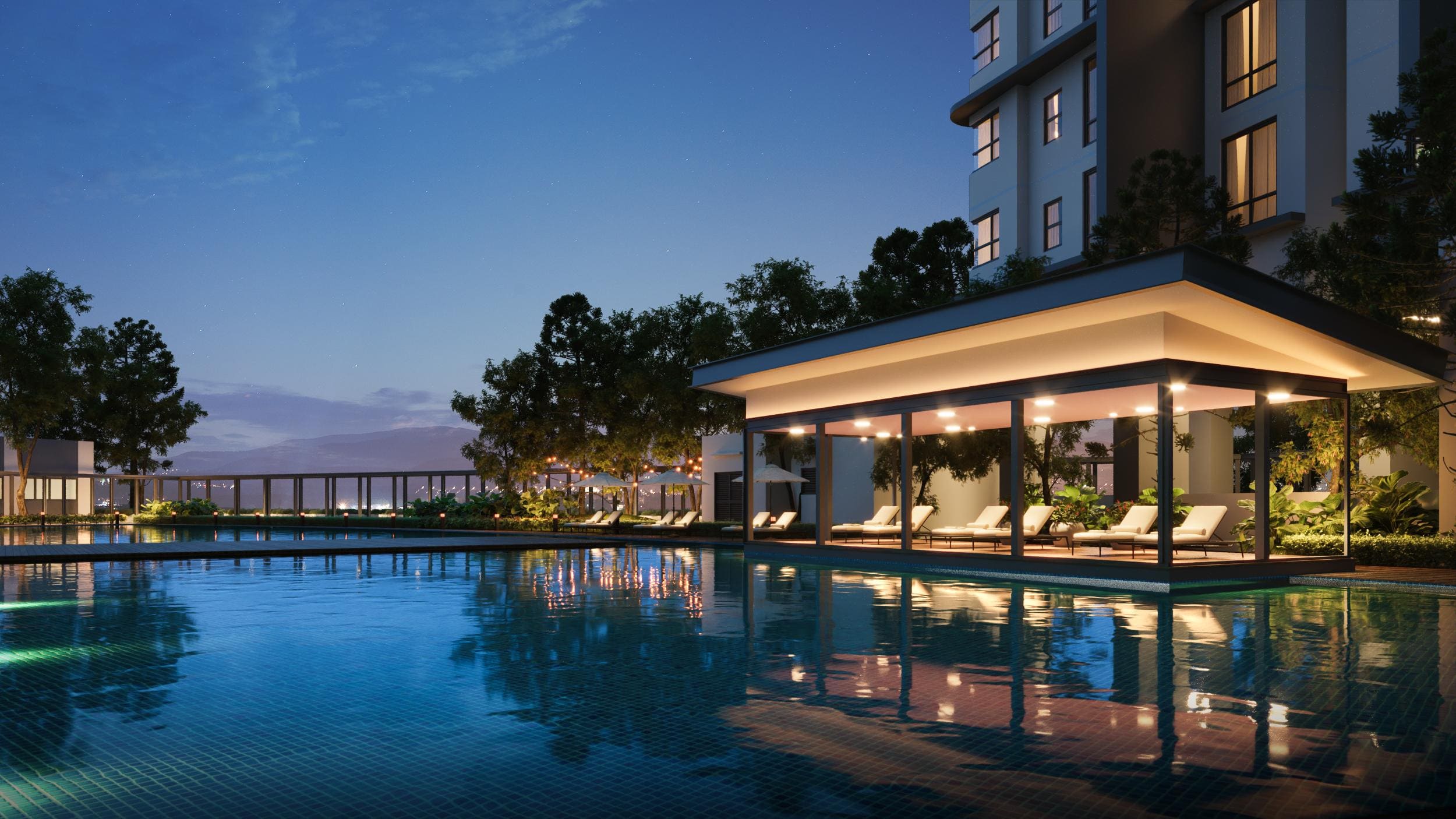 Poolside pavilion at Cappella Embassy at dusk, glazed cabana reflected in the water — artist's impression