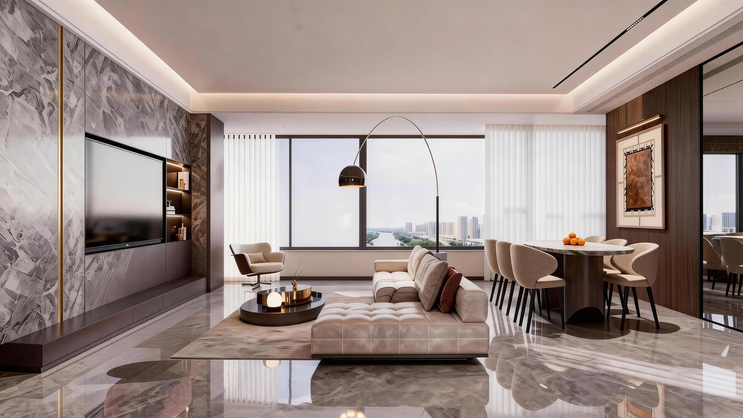Residence living and dining at Cappella Embassy with marble feature wall and Kuala Lumpur city views — artist's impression