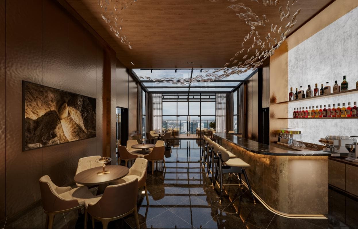 Sky Bar at Cappella Embassy with sculptural ceiling and bottle display, Block E Level 38A — artist's impression