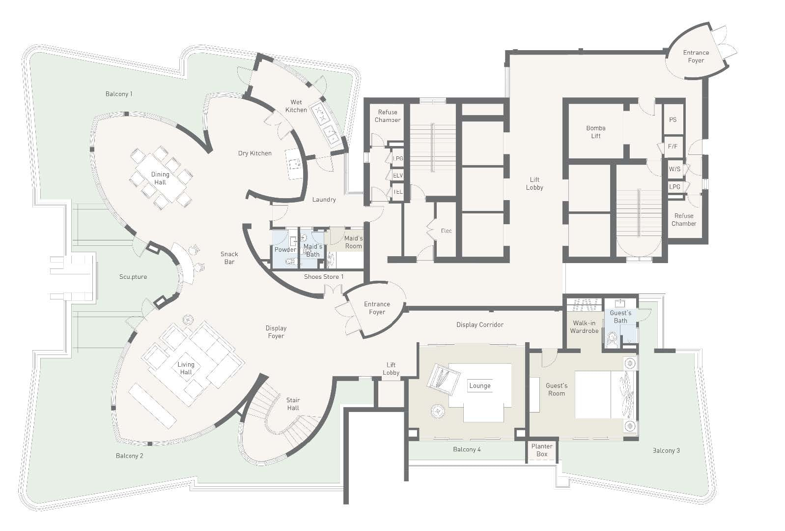 Triplex penthouse floor plan at Cappella Embassy, first level — foyer, living hall, guest rooms and balconies