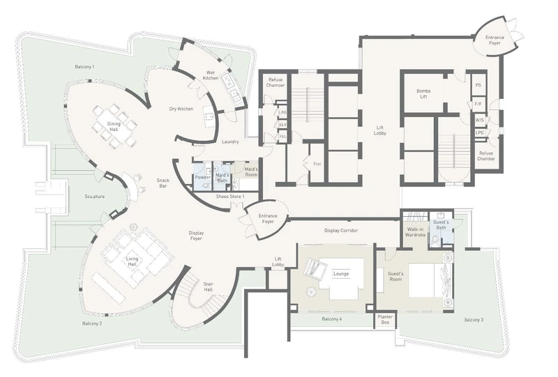 Triplex penthouse floor plan at Cappella Embassy, first level — foyer, living hall, guest rooms and balconies