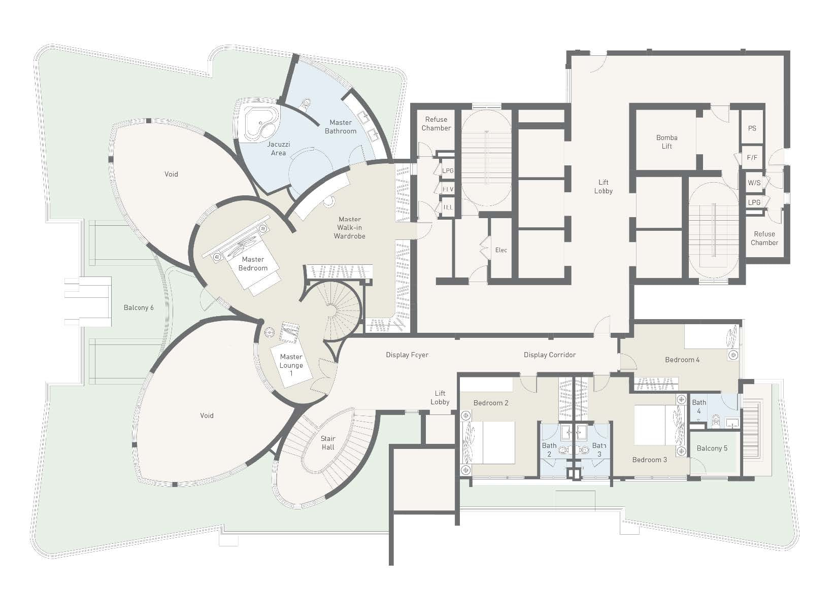 Triplex penthouse floor plan at Cappella Embassy, second level — master suite and bedrooms two to four