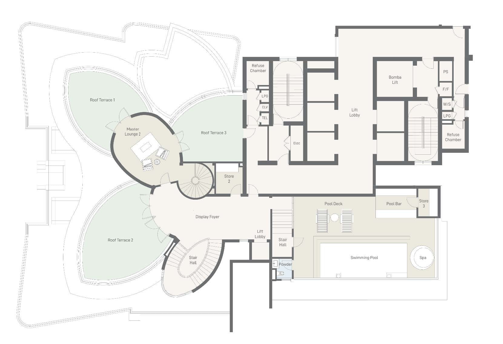 Triplex penthouse floor plan at Cappella Embassy, third level — roof terraces, private pool, spa and pool bar
