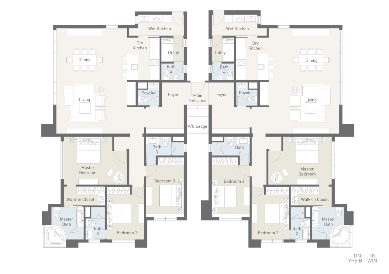 Type B-T dual-key layout plan at Cappella Embassy, 3,918 sq ft, two residences off one shared entrance