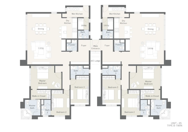 Type B-T dual-key layout plan at Cappella Embassy, 3,918 sq ft, two residences off one shared entrance