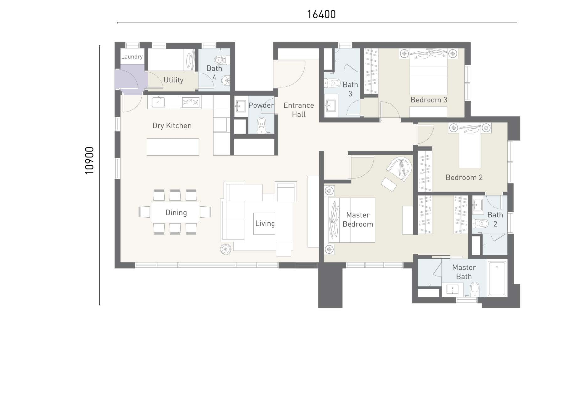 Type C floor plan at Cappella Embassy, 1,625 sq ft (151 m²), 3+1 bedrooms with dry kitchen and utility