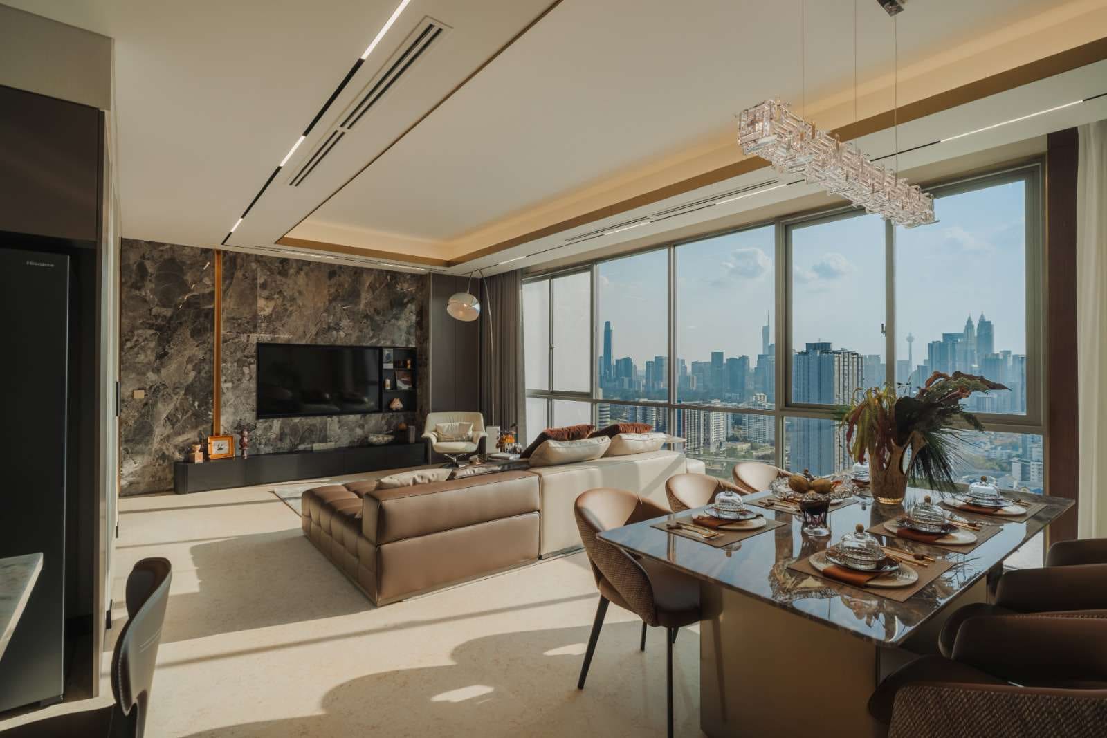 Type C show unit living and dining seen together, 1,625 sq ft — show unit photograph