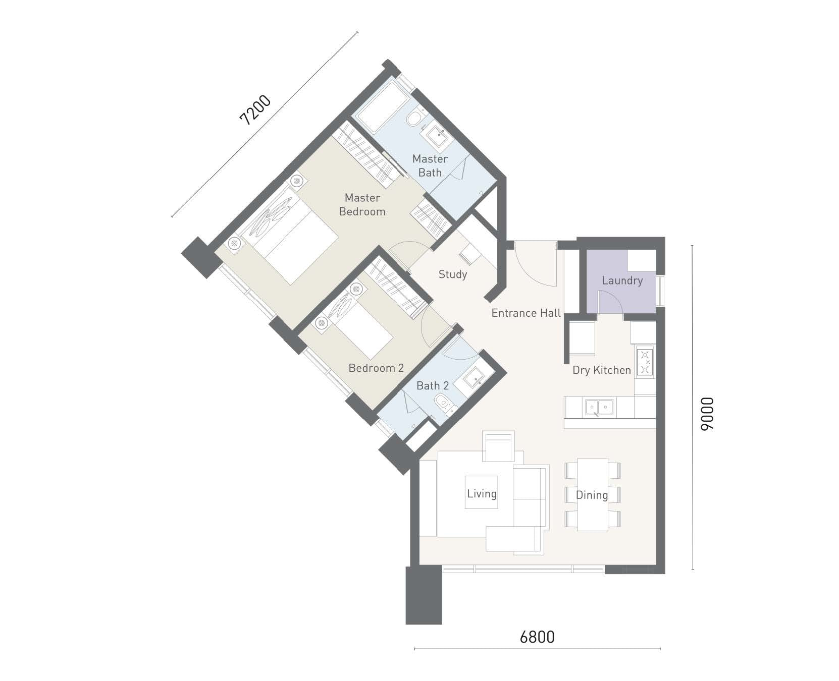 Type D1 floor plan at Cappella Embassy, 1,152 sq ft (107 m²), two bedrooms with study