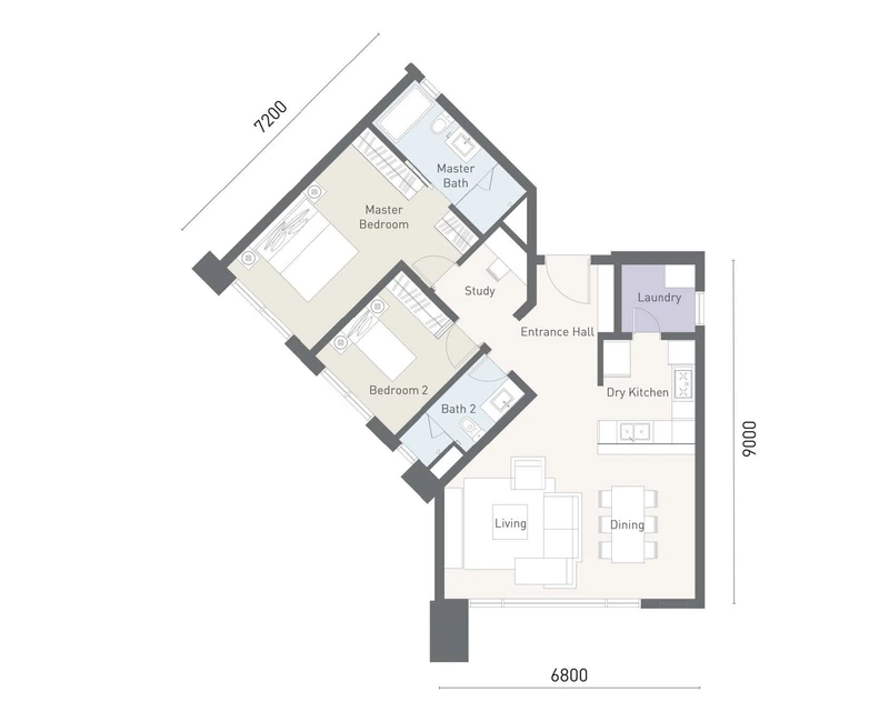Type D1 floor plan at Cappella Embassy, 1,152 sq ft (107 m²), two bedrooms with study