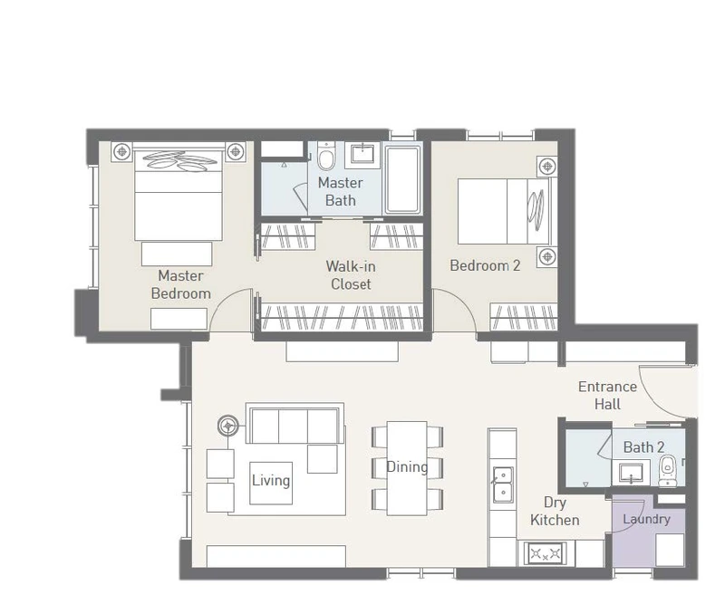 Type D2 floor plan at Cappella Embassy, 1,109 sq ft (103 m²), two bedrooms with walk-in closet