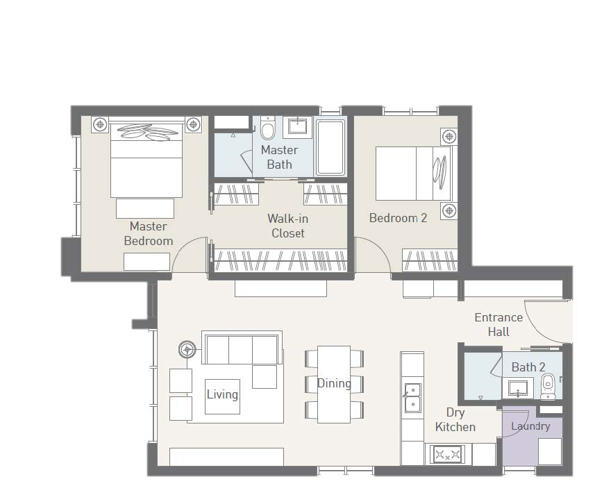 Type D2 floor plan at Cappella Embassy, 1,109 sq ft (103 m²), two bedrooms with walk-in closet