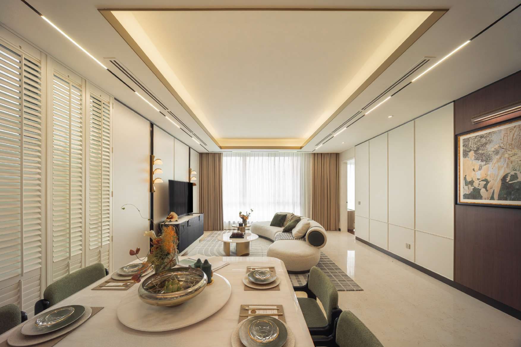 Type D2 show unit living and dining at Cappella Embassy, 1,109 sq ft — show unit photograph