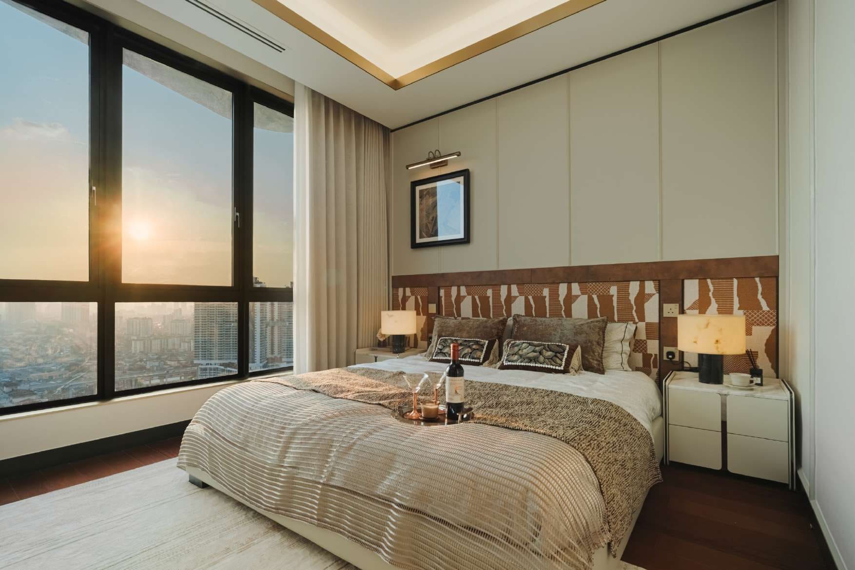 Type D2 show unit master bedroom with full-height glazing at Cappella Embassy — show unit photograph