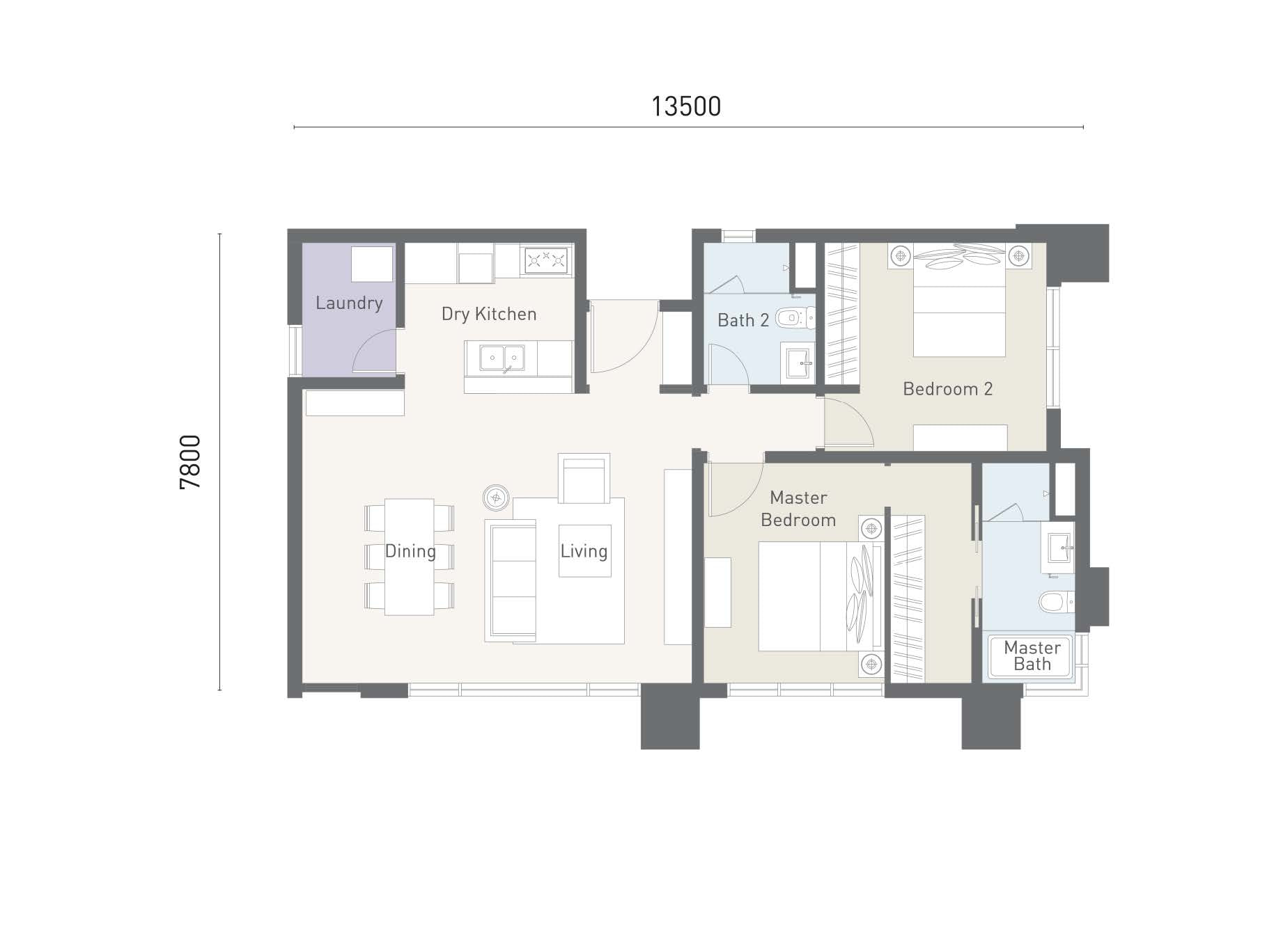 Type D3 floor plan at Cappella Embassy, 1,119 sq ft (104 m²), two bedrooms